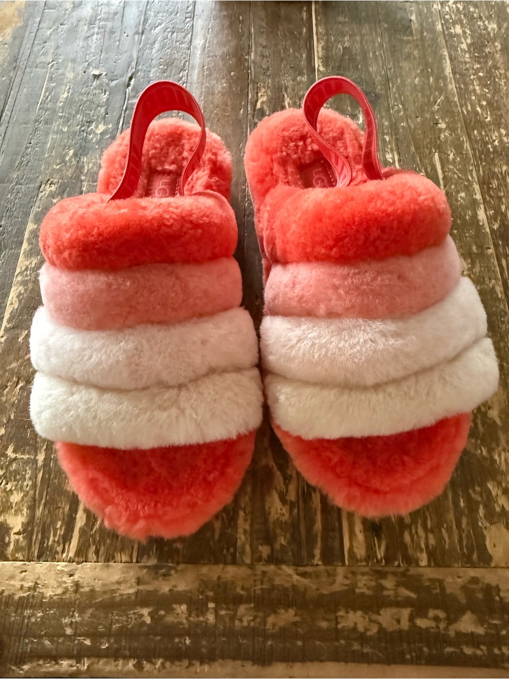 UGG Coral Pink and White Fluff Slide Slippers